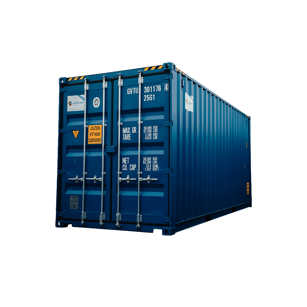 20 fot high cube container med extra invändig höjd, sedd från höger vinkel.