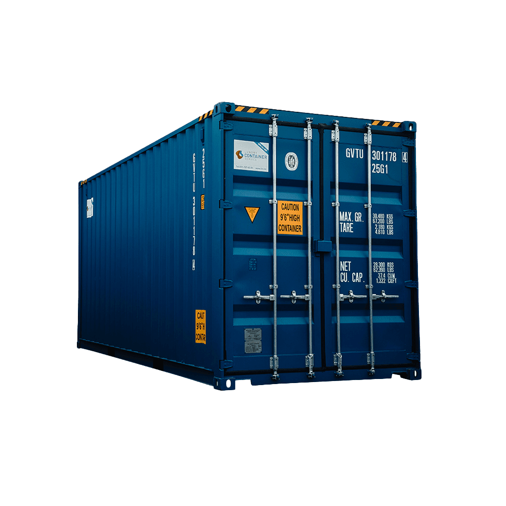 20 fot high cube container med stängda dörrar och extra invändig höjd, sedd från vänster vinkel.