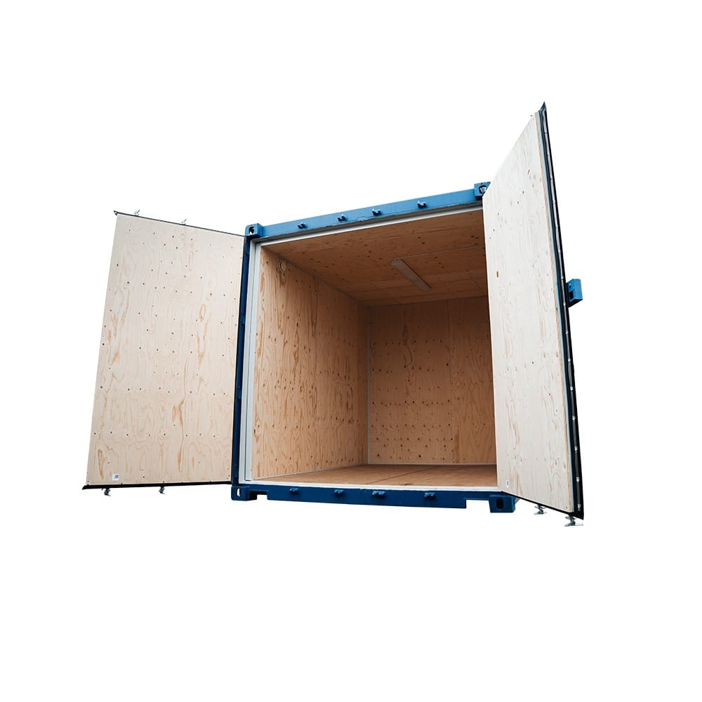 10 fot byggcontainer byggis, isolerad container med Byggis-isolering, el och belysning, invändigt sedd från höger vinkel.