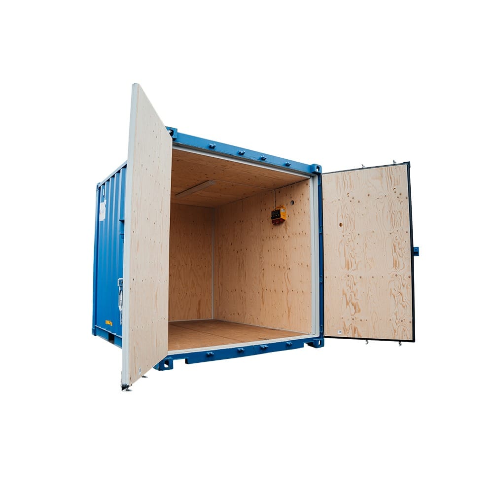10 fot byggcontainer byggis, isolerad container med Byggis isolering, el och belysning, invändigt sedd från vänster vinkel.