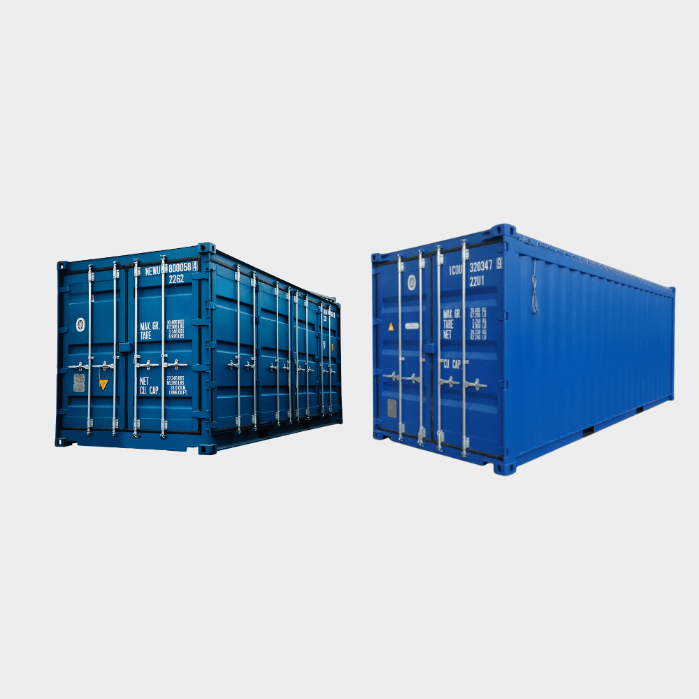 Jämförelse mellan open side container och open top container. Två blå containrar sida vid sida där den vänstra har öppningsbar långsida och den högra öppet tak.