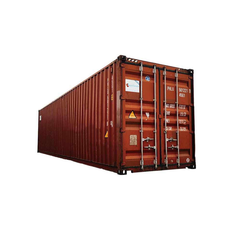 40 fot high cube container, begagnad, med extra invändig höjd, sedd från vänster vinkel.