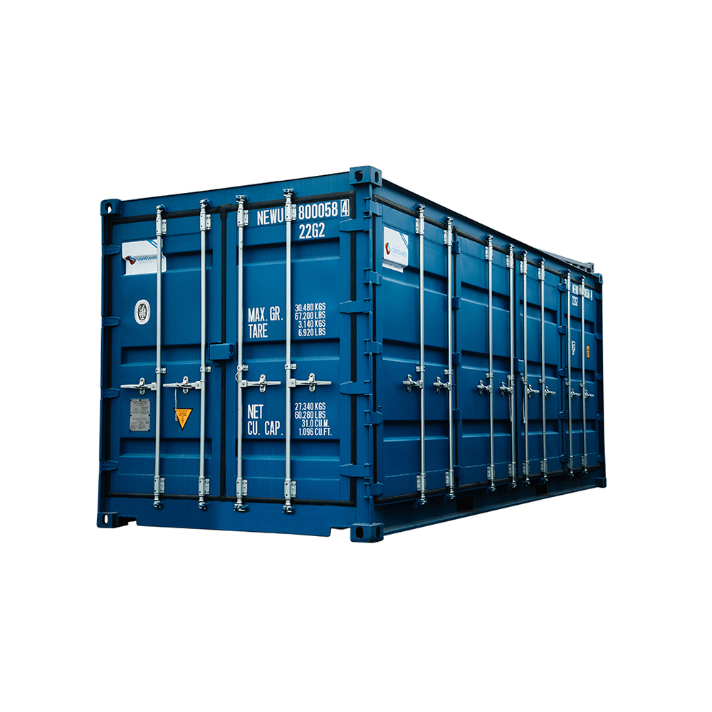 20 fot Byggcontainer Open Side Byggis sedd utifrån med stängda dörrar och synliga låsstänger