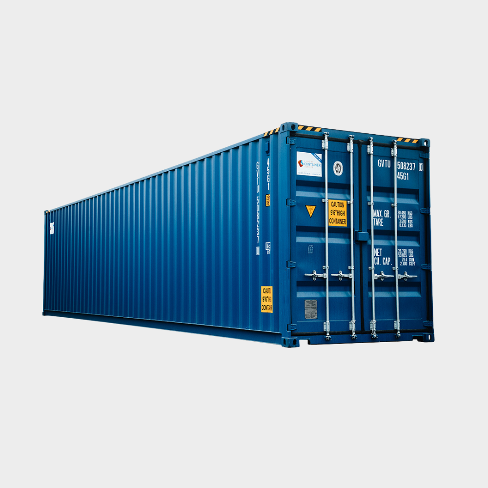40 fot lagercontainer i blå plåt, fotograferad snett från sidan med stängda dörrar.