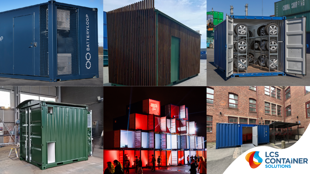 Collage med sex specialcontainrar från LCS: battericontainer, container med träfasad, däckcontainer med hyllställ, scratchbyggt ställverk i grönt, staplade containrar som eventinstallation och en blå container ombyggd till miljörum på en innergård.