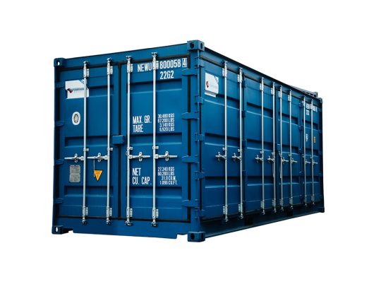 20 fot Byggcontainer Open Side Byggis sedd utifrån med stängda dörrar och synliga låsstänger