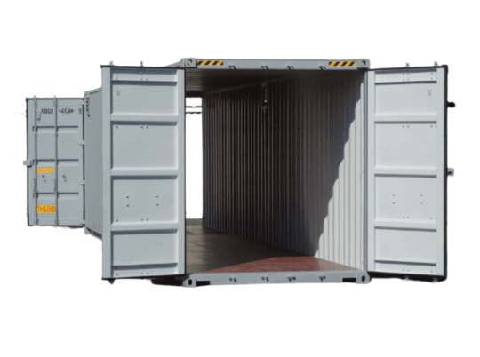 40 fot dubbeldörr container med dörrar öppna i båda kortsidorna.