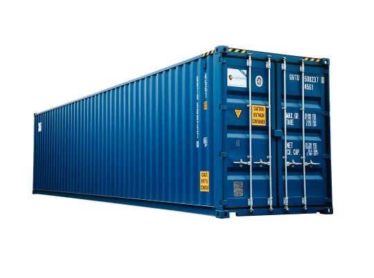 40 fot high cube container med stängda kortsidedörrar och extra invändig höjd, sedd från vänster vinkel.