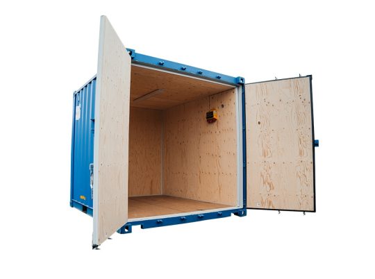 10ft byggcontainer Byggis med Byggis-isolering och öppen plywoodinteriör.