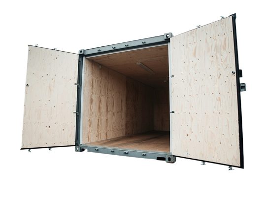 40ft byggcontainer med Byggis-isolering och öppna dörrar.