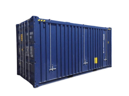 En blå open top hard container i storleken 20 ft